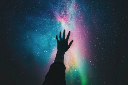 Hand reaching for the milky way in a starry night skyの素材