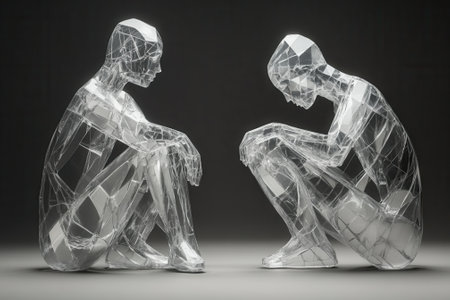 Two glass human figures sitting and contemplating in empty roomの素材