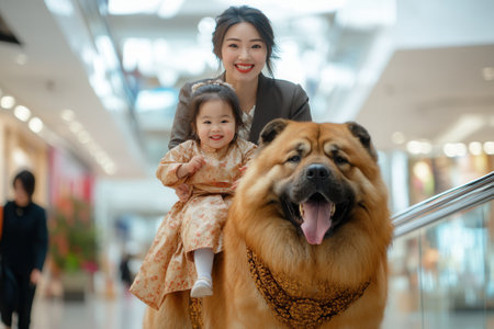 Smiling businesswoman holding her daughter riding a large dog in shopping mallの素材