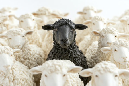 Black sheep stands out in a crowd of white sheep figurinesの素材