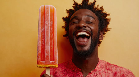 Cheerful man holding a gigantic popsicle and laughing on yellow backgroundの素材