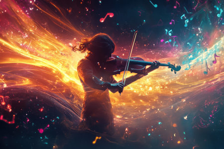 Female violinist performing with universe background and floating musical notesの素材