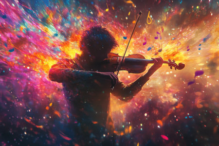 Musician playing violin with passion and energy in a colorful universeの素材