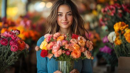 Florist holding colorful bouquet of flowers in flower shopの素材