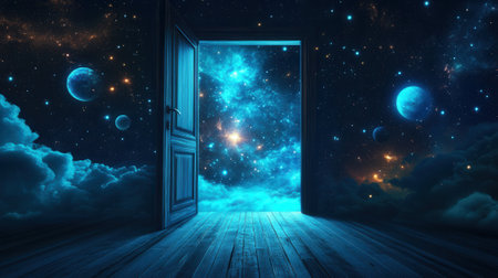 Open door leading to universe with planets and stars, surreal conceptの素材