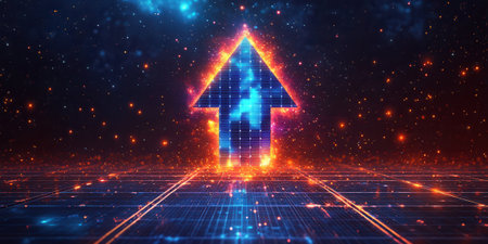 Glowing upward arrow symbolizing growth and success in digital spaceの素材
