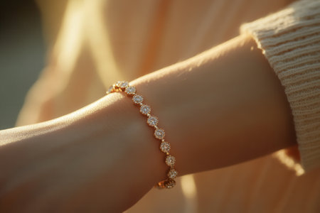 Woman showcasing an elegant gold bracelet with diamondsの素材