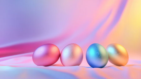Four shiny easter eggs resting on pastel colored silk clothの素材