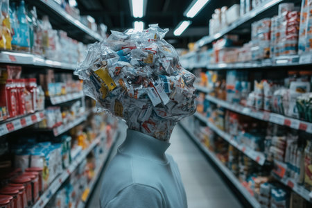 Mannequin with trash filled head exploring supermarket aisles symbolizing consumerismの素材