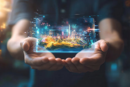 Architect holding futuristic virtual reality interface showing smart city modelの素材