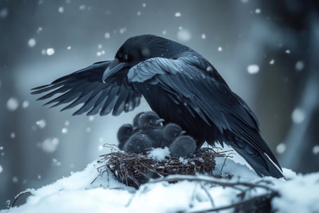 Mother crow protecting chicks in nest during snowfallの素材