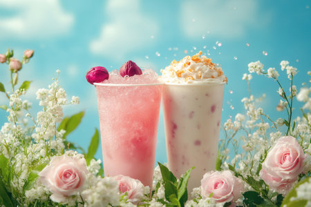 Two refreshing pink beverages garnished with flowers on a sunny dayの素材
