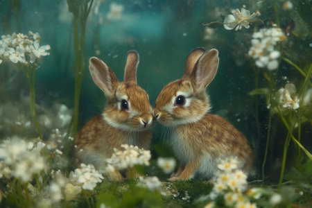 Two adorable baby rabbits nuzzling in a flowery meadowの素材