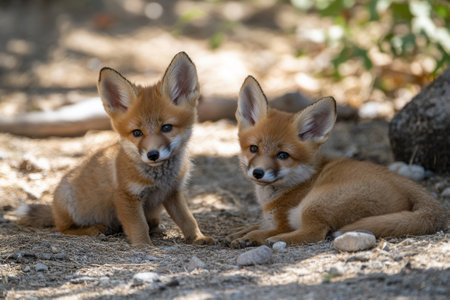 Two red fox cubs relaxing in the sunlightの素材