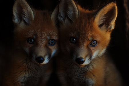 Two red fox cubs emerging from darknessの素材