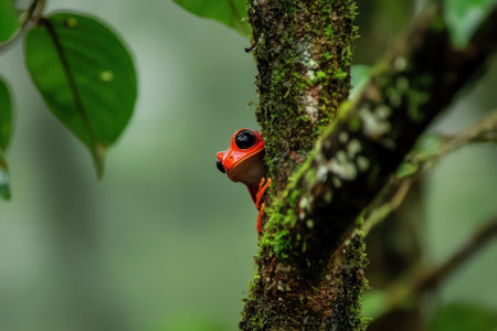 Ruby eyed tree frog hiding on mossy tree in rainforestの素材