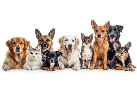 Large group of cats and dogs posing together on white backgroundの素材