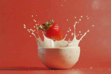 Strawberry falling into yogurt creating splash on red backgroundの素材