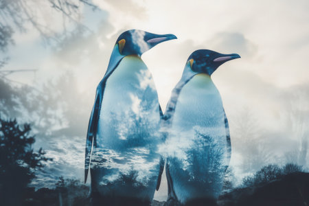 Two penguins showing winter landscape and cloudy sky inside their bodiesの素材