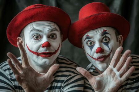 Two clowns showing open hands and looking surprised while wearing red hatsの素材