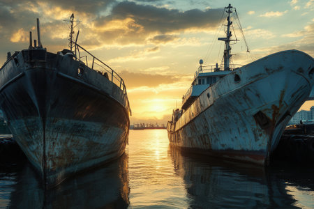 Two old rusty ships moored in the port at sunset reflecting in the waterの素材