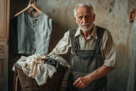 Senior tailor holding laundry basket in his workshopの素材