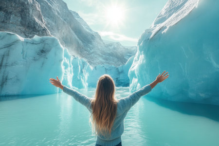 Tourist enjoying the beauty of nigardsbreen glacier with open arms in norwayの素材