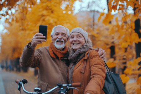 Senior couple taking a selfie in autumn park with bicycleの素材