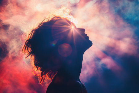 Woman feeling spiritual enlightenment with light beams and colorful cloudsの素材