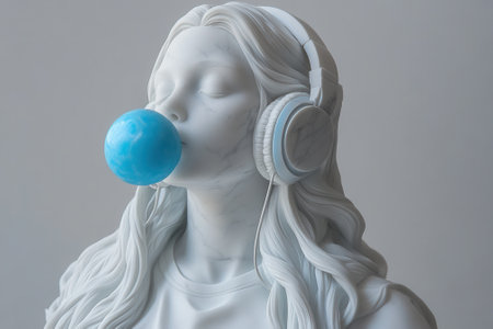 Marble statue of young woman listening to music and blowing bubble gumの素材