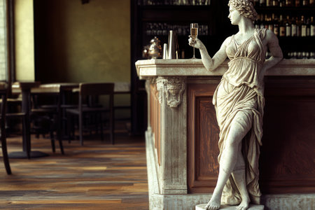 Ancient greek marble statue holding a glass of wine at a bar counterの素材