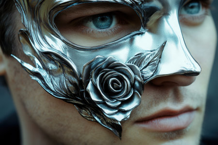 Actor wearing metallic mask with rose decorationの素材