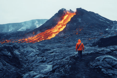 Volcanologist walking near lava flowing from erupting volcanoの素材