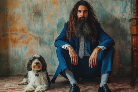 Businessman with long hair and beard sitting with dogの素材