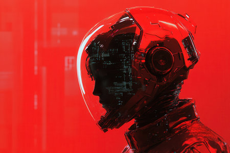 Red robot with transparent glass helmet showing internal circuitryの素材