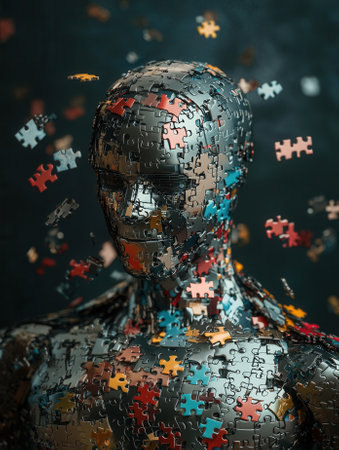 Cyborg bust composed of puzzle pieces falling apart, concept of artificial intelligenceの素材