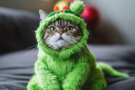 Adorable cat wearing grinch costume, festive pet portraitの素材