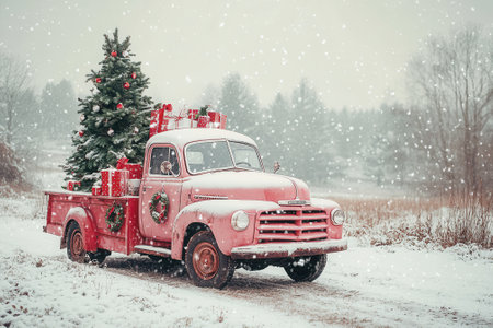 Vintage pink christmas truck carrying christmas tree and gifts in snowy landscapeの素材