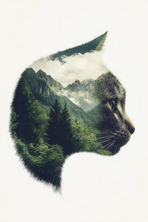 Cat filled with mountain scenery illustrating environmentalism and harmonyの素材