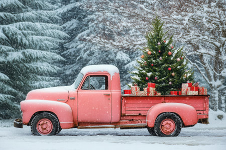 Pink vintage truck carrying christmas tree and gifts in snowy landscapeの素材