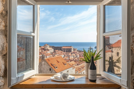 Open window overlooking dubrovnik old town, croatia, with red wine bottle and sea viewの素材