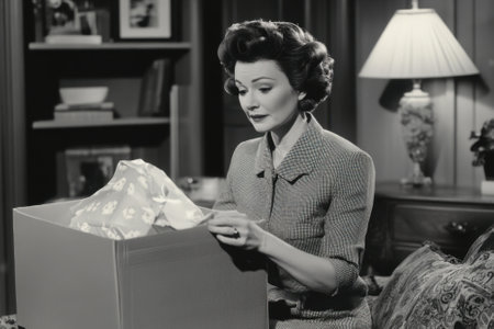 Woman unpacking belongings in new home,の素材