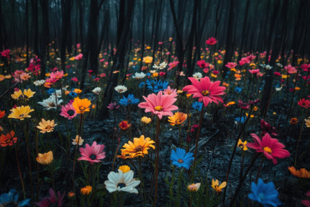 Colorful flowers blooming in burned forest displaying resilience of natureの素材