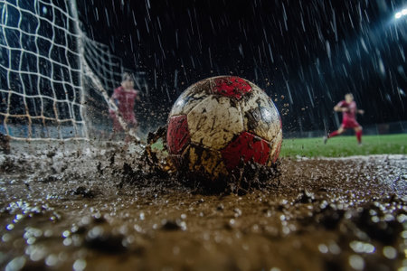 Muddy soccer ball landing near goal during rain at nightの素材