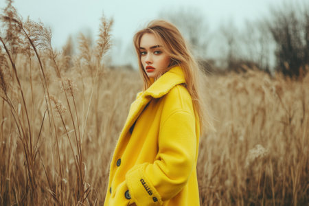 Fashion model posing in yellow coat in a wheat fieldの素材