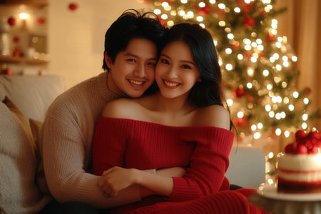 Happy indonesian couple embracing on christmas eve near christmas treeの素材