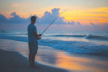 Man fishing on the beach at sunset, enjoying peaceful solitudeの素材
