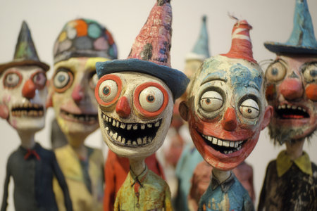 Group of creepy handmade puppets smiling and wearing hatsの素材