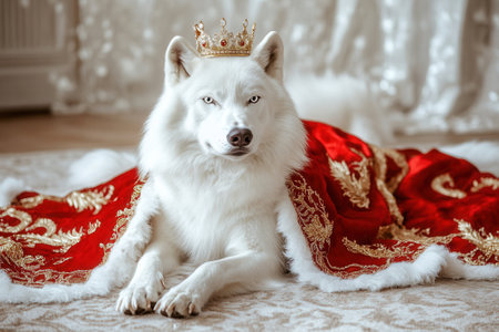 White wolf wearing crown and red royal mantle, majestic canine portraitの素材