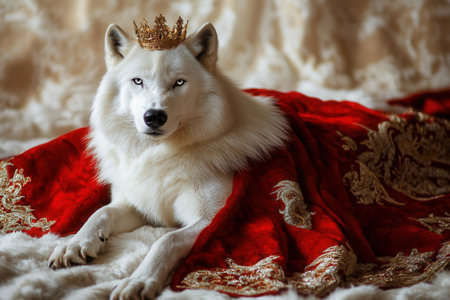 White wolf wearing crown and red cape, majestic portrait of canine royaltyの素材